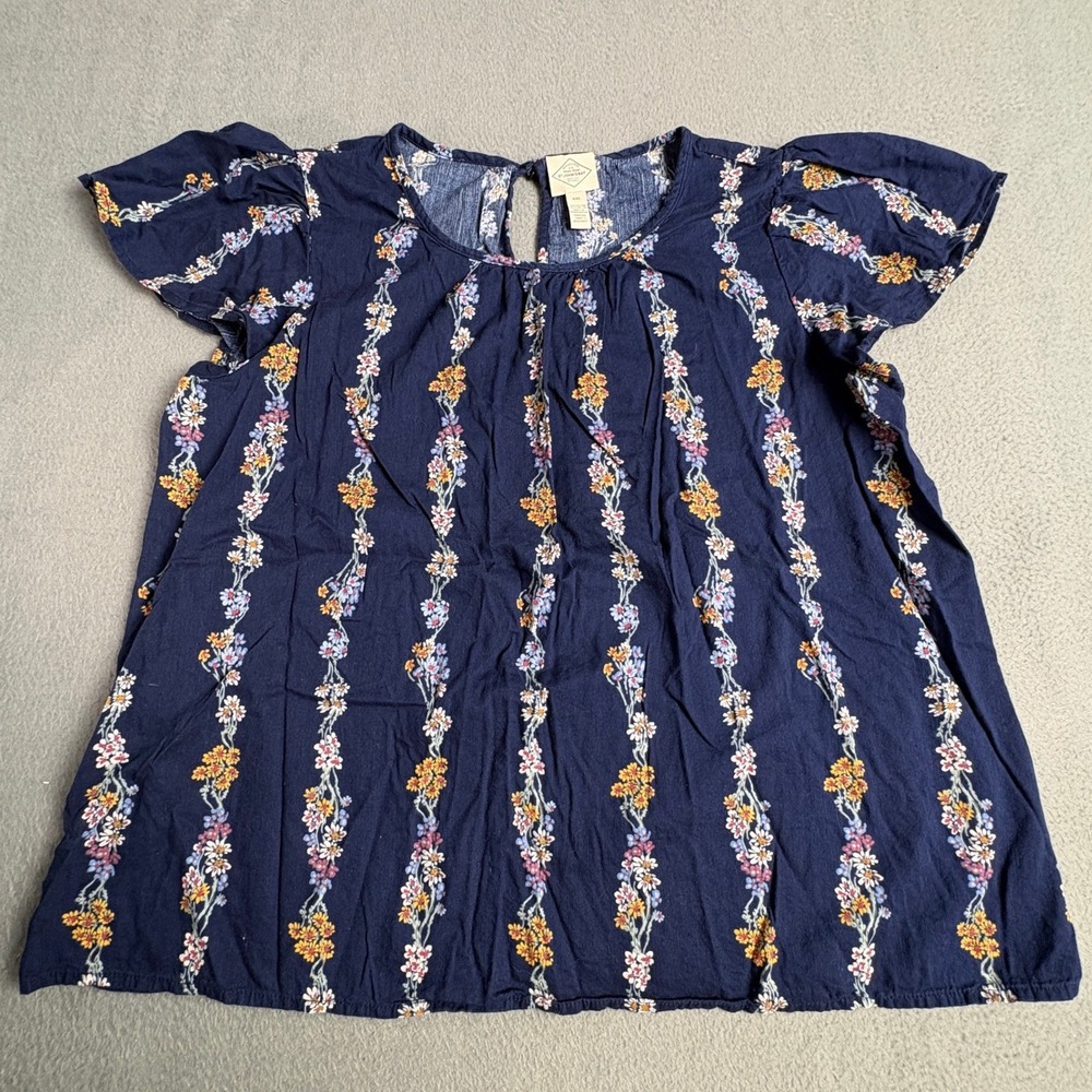 St Johns Bay Womens XXL Navy Blue Floral Flutter Sleeve Keyhole Back Blouse Top